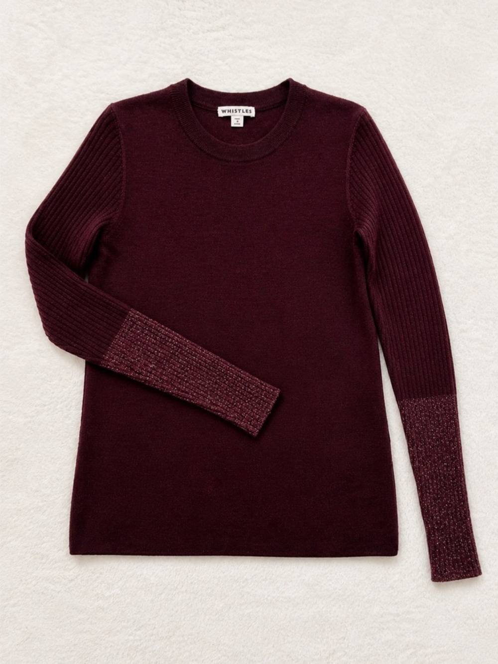 Whistles Merino Wool Burgundy Sweater Metallic Cuff Knit Size 4